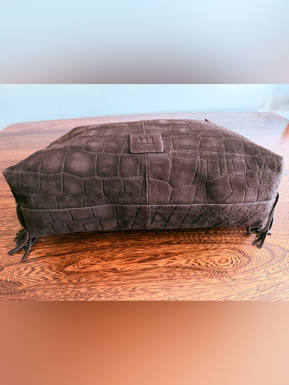 Haute Hippie Rich Espresso Croc-Embossed Suede Shoulder Bag with Fringe - Picture 5 of 9